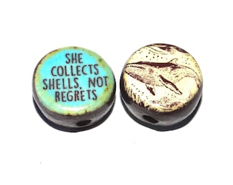 1 Ceramic Double Sided Quote Bead Porcelain Handmade 15mm BB6-4