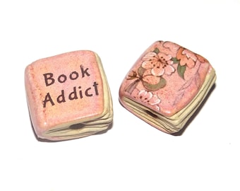 Ceramic Book Bead Focal Handmade Rustic Floral Quote Word Sculpture Porcelain 22mm