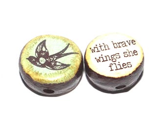 1 Ceramic Bird Double Sided Quote Bead Porcelain Handmade 13mm BB3-4