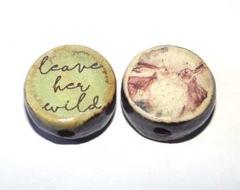 1 Ceramic Double Sided Quote Bead Porcelain Handmade Adult 19mm CC4-4