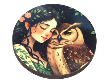 Wooden Two Sided Owl Pendant Porcelain Handmade 30mm MM10-4