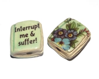 Ceramic Book Bead Focal Handmade Rustic Floral Quote Word Sculpture Porcelain 22mm
