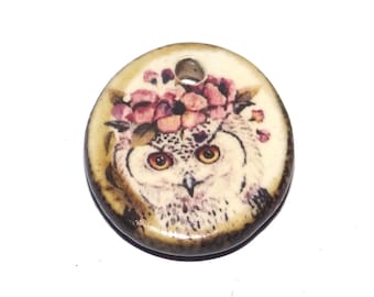 Small Ceramic Owl Pendant Charm Handmade Focal Porcelain 20mm BB7-3