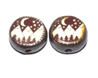 Ceramic Mountains Moon Beads Pair Porcelain 14mm CC9-2