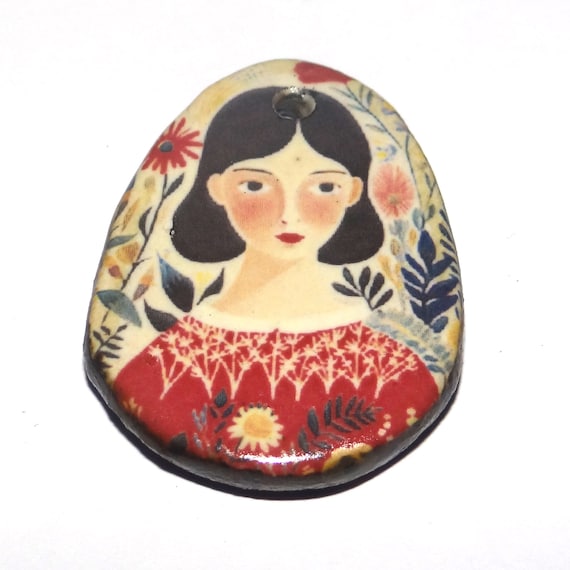 Ceramic Woman Pendant Handmade Focal Porcelain 30mm CC7-2