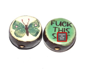 1 Ceramic Double Sided Quote Bead Porcelain Handmade Adult 19mm BB2-2