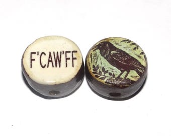 1 Ceramic Crow Raven Double Sided Quote Bead Porcelain Handmade 13mm BB5-3