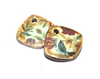 Ceramic Flower Charms Beads Pair Porcelain 15mm CC4-4
