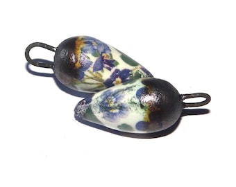 Ceramic Drop Charms Floral Patterned Earring Bead Pair 25mm CC3-3