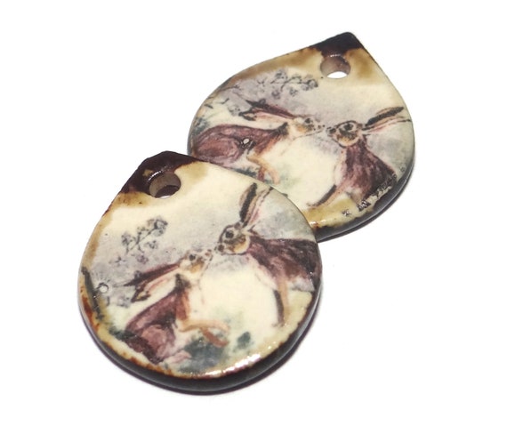 Ceramic Hare Earring Charms Pair Beads Handmade Rustic 20mm/0.8" CC2-1