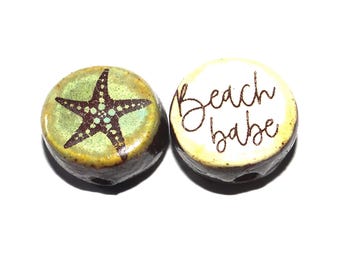 1 Ceramic Double Sided Quote Bead Porcelain Handmade 15mm BB8-4