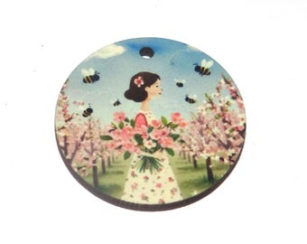 Wooden Two Sided Blossom & Bees Pendant Handmade 30mm MM3-4