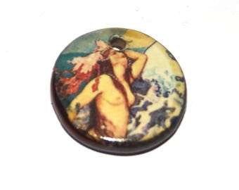 Ceramic Mermaid Pendant Handmade Focal Porcelain 23mm PP8-3