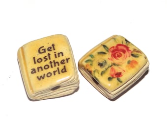 Ceramic Book Bead Focal Handmade Rustic Floral Quote Word Sculpture Porcelain 22mm