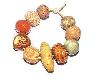 Ceramic Bead Set Textured Glazed Pottery Clay Handmade 8-15mm