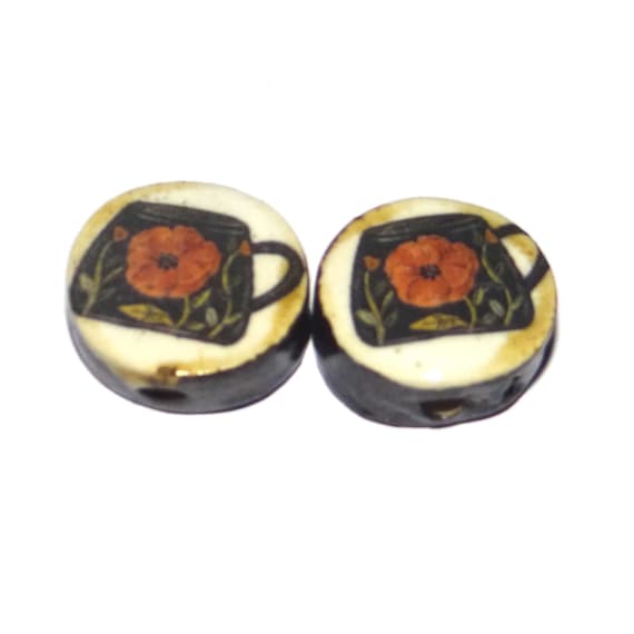 Ceramic Coffee Cup Earring Bead Pair Beads Handmade Rustic 15mm PP1-2