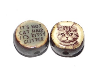 1 Ceramic Cat Double Sided Quote Bead Porcelain Handmade 13mm BB5-4