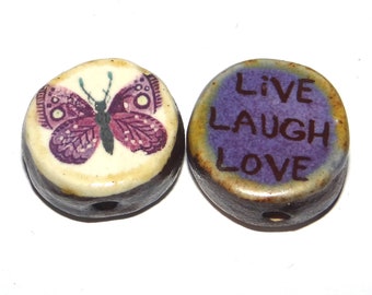 1 Ceramic Butterfly Bead Two Sided Quote Beads Porcelain Handmade  20mm PP8-2