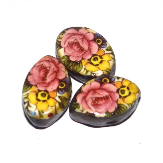 Ceramic Flower Beads Trio Porcelain Handmade 18mm CC10-1