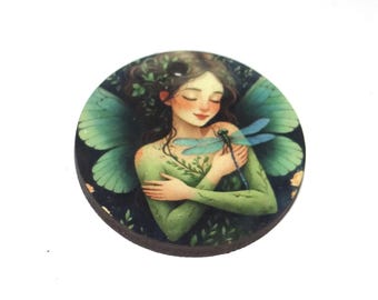 Wooden Two Sided Fairy Dragonfly Pendant Handmade 30mm MM9-2