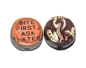 1 Ceramic Double Sided Quote Bead Porcelain Handmade 19mm CC4-4