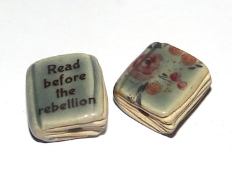 Ceramic Book Bead Focal Handmade Rustic Floral Quote Word Sculpture Porcelain 22mm