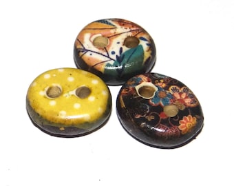 Ceramic Floral Patterned Buttons Porcelain Handmade Unique Rustic 13-15mm CC8-2