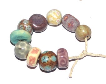 Ceramic Bead Set Textured Glazed Pottery Clay Handmade Porcelain 8-15mm