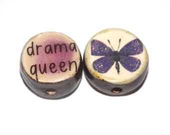 1 Ceramic Quote Bead Flower Porcelain Two Sided Handmade  16-18mm PP6-2