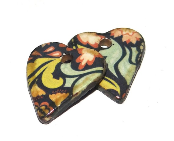 Ceramic Flower Heart Earring Charms Pair Beads Handmade Rustic 18mm/0.7" CC3-1
