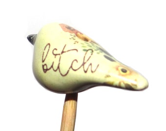 Ceramic Bird Bead Focal Handmade Rustic Floral Quote Word Sculpture Porcelain 35mm