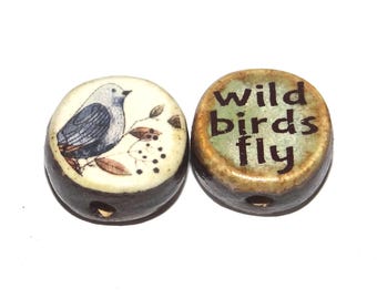 1 Ceramic Two Sided Quote Bead Butterfly Handmade  16-18mm BB2-2