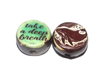 1 Ceramic Whale Ocean Sea Double Sided Quote Bead Porcelain Handmade 13mm BB5-3