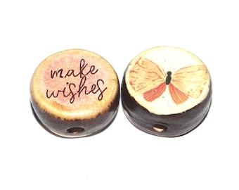 1 Ceramic Two Sided Quote Bead Butterfly Porcelain Handmade  16-18mm BB4-1