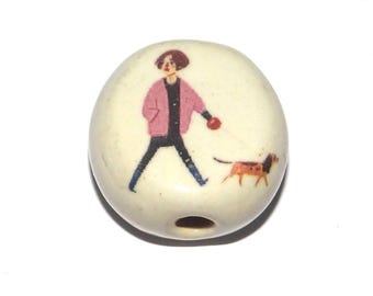 Ceramic Dog Walker Focal Bead Handmade Pottery Beads 17mm PP7-4