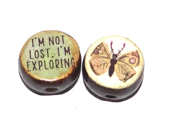 1 Ceramic Two Sided Quote Bead Butterfly Handmade  16-18mm BB2-3
