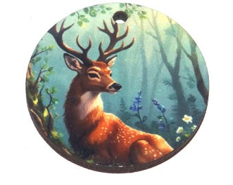 Wooden Two Sided Deer Pendant Porcelain Handmade 30mm MM10-4