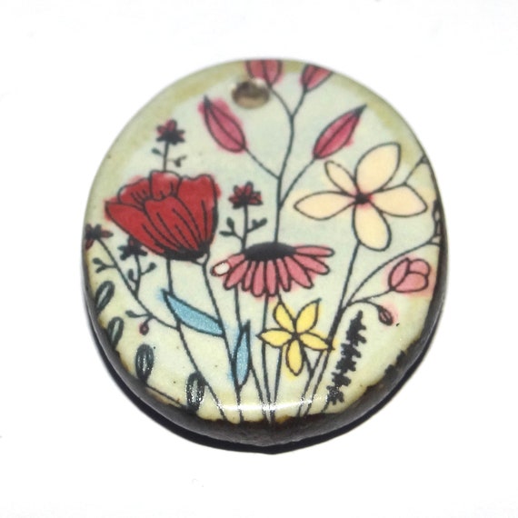 Ceramic Flower Pendant Handmade Focal Porcelain 30mm CC7-2