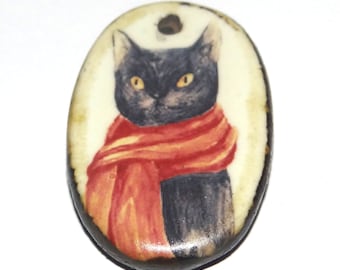 Ceramic Cat Pendant Handmade Focal Porcelain 30mm CC7-3