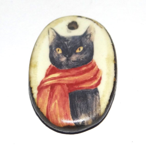 Ceramic Cat Pendant Handmade Focal Porcelain 30mm CC7-3