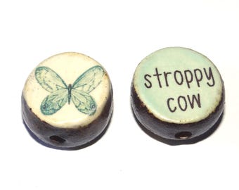 1 Ceramic Double Sided Quote Bead Porcelain Handmade 19mm CC4-4