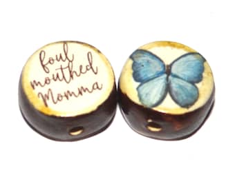 1 Ceramic Double Sided Quote Bead Porcelain Handmade  20mm PP3-1