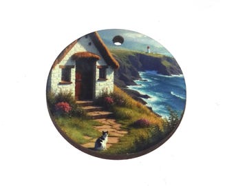 Wooden Two Sided Cottage By the Sea Cat Pendant Handmade 30mm MM10-1