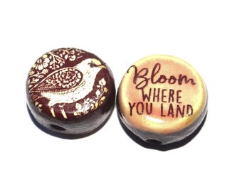 1 Ceramic Double Sided Quote Bead Porcelain Handmade 15mm BB6-4