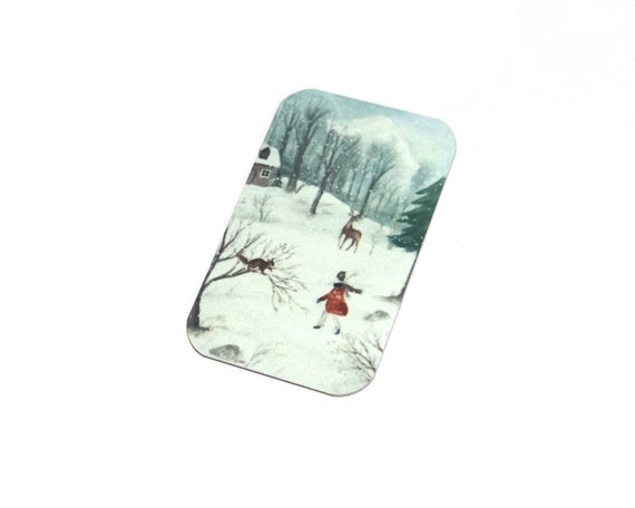 Faux Tin Winter Scene Pendant Handmade 32mm 1.25" MSR5-1