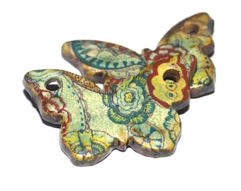 Ceramic Floral Butterfly Earring Charms Pair Beads Handmade Rustic 28mm CC2-1