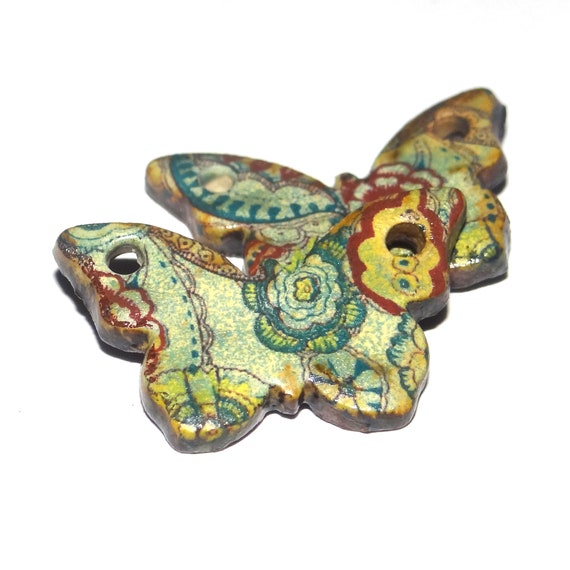 Ceramic Floral Butterfly Earring Charms Pair Beads Handmade Rustic 28mm CC2-1