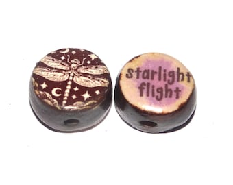 1 Ceramic Dragonfly Double Sided Quote Bead Porcelain Handmade 13mm BB4-1