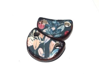 Ceramic Floral Patterned Charms Beads Pair Porcelain 15mm PP2-3