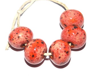 Ceramic Coral Speckled Bead Set Handmade 13mm